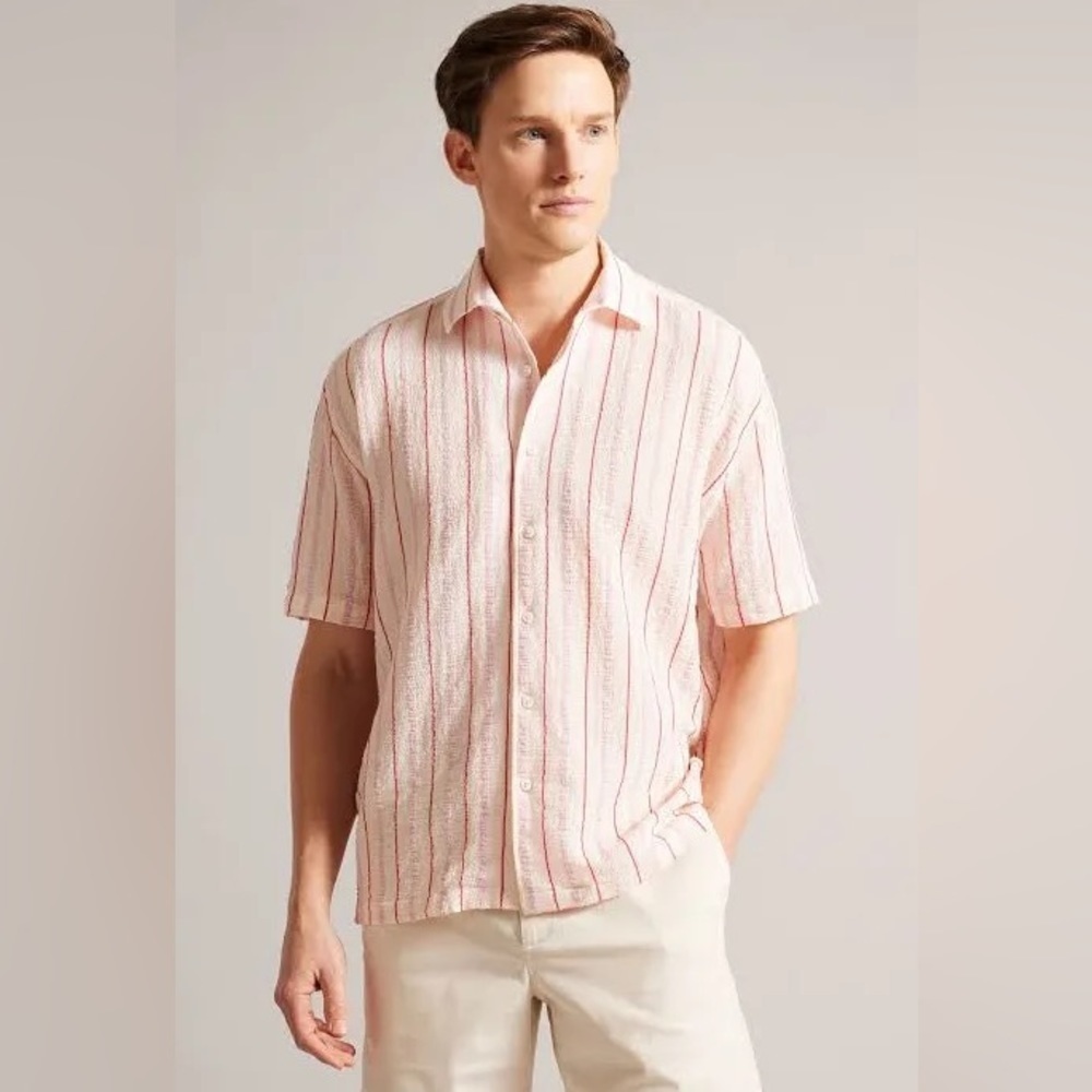 Ted Baker Men's Hillma Seersucker Shirt Pink Stripe NWT